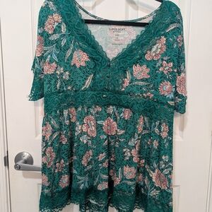Torrid Teal and Pink Floral Lace Blouse